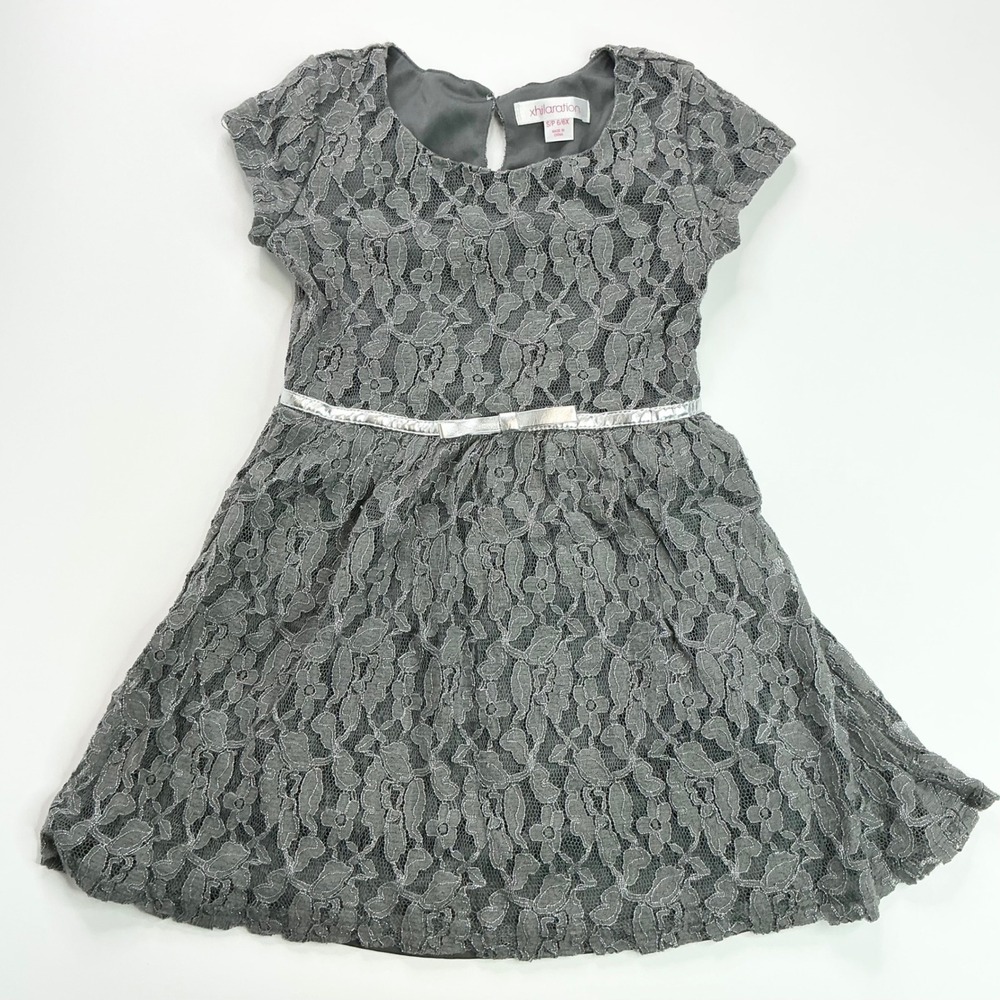 Xhilaration Grey Lace Dress Kids Size 6/6X Metallic Belt Short Sleeve Party
